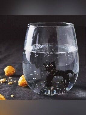 Anthropologie Eerie Stemless Wine Glass 3D Black Cat Halloween Gifts New